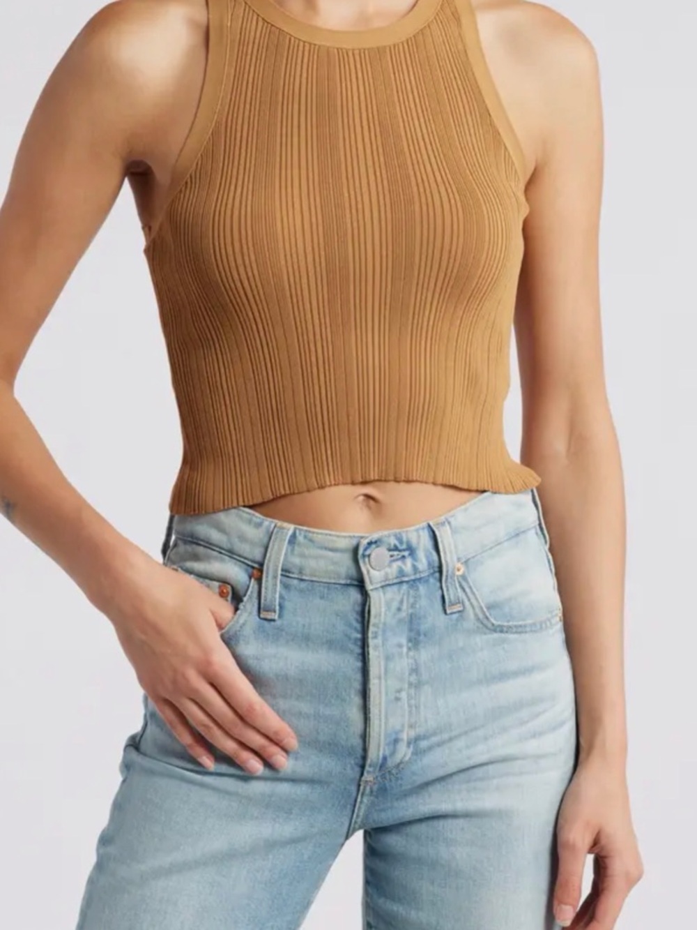 NWT Good American Ribbed Sleeveless Crop Top S Caramel Tan Minimalist Chic